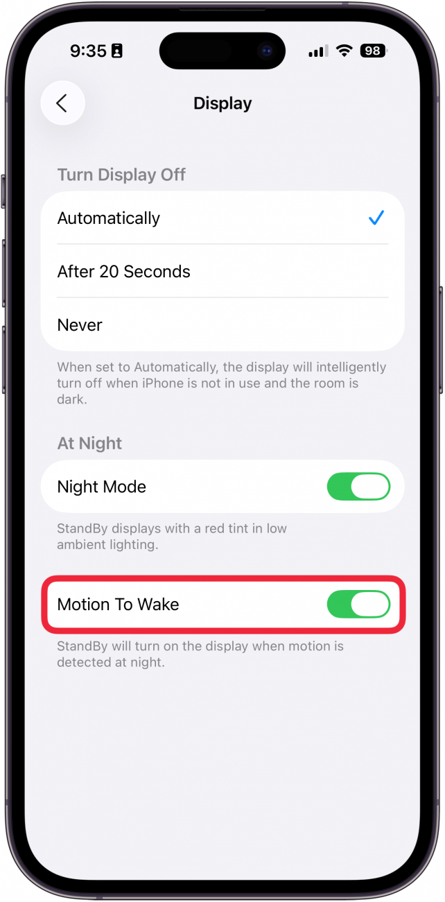a screenshot of the iphone standby display settings with a red box around the motion to wake toggle
