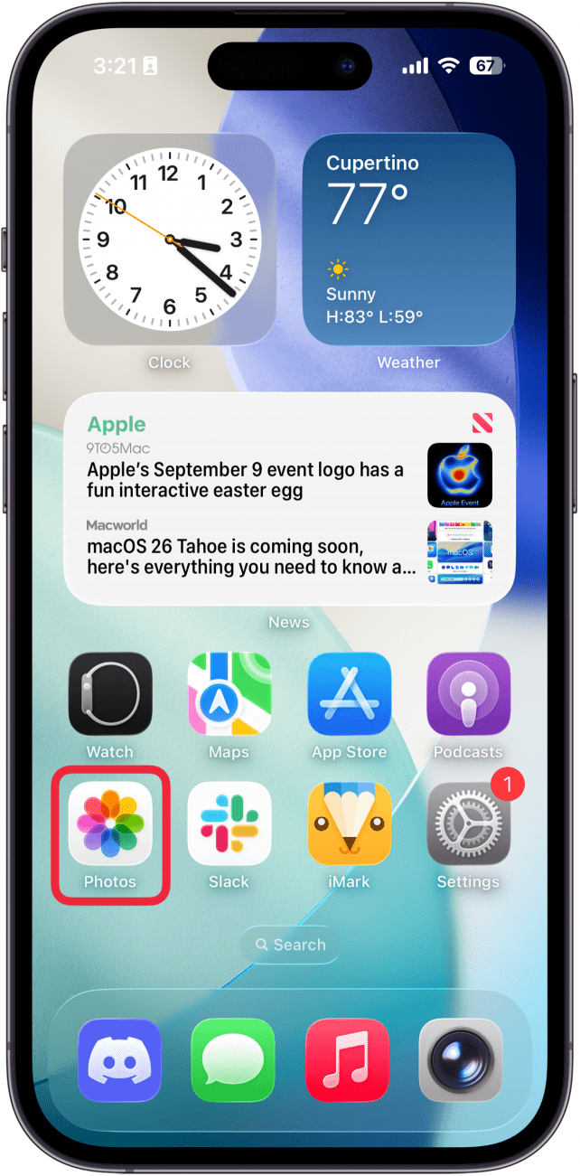 a screenshot of the iphone home screen with a red box around the photos app