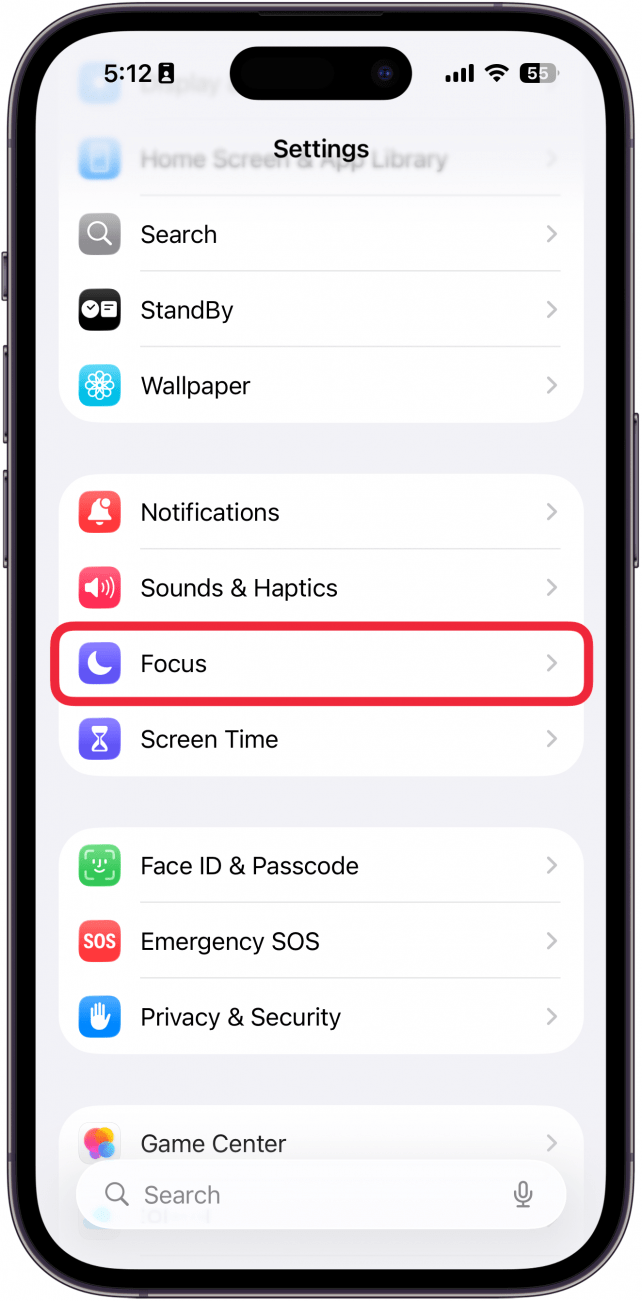 a screenshot of the iphone settings app with a red box around focus
