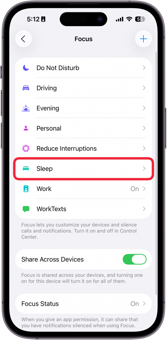 a screenshot of the iphone focus settings with a red box around sleep