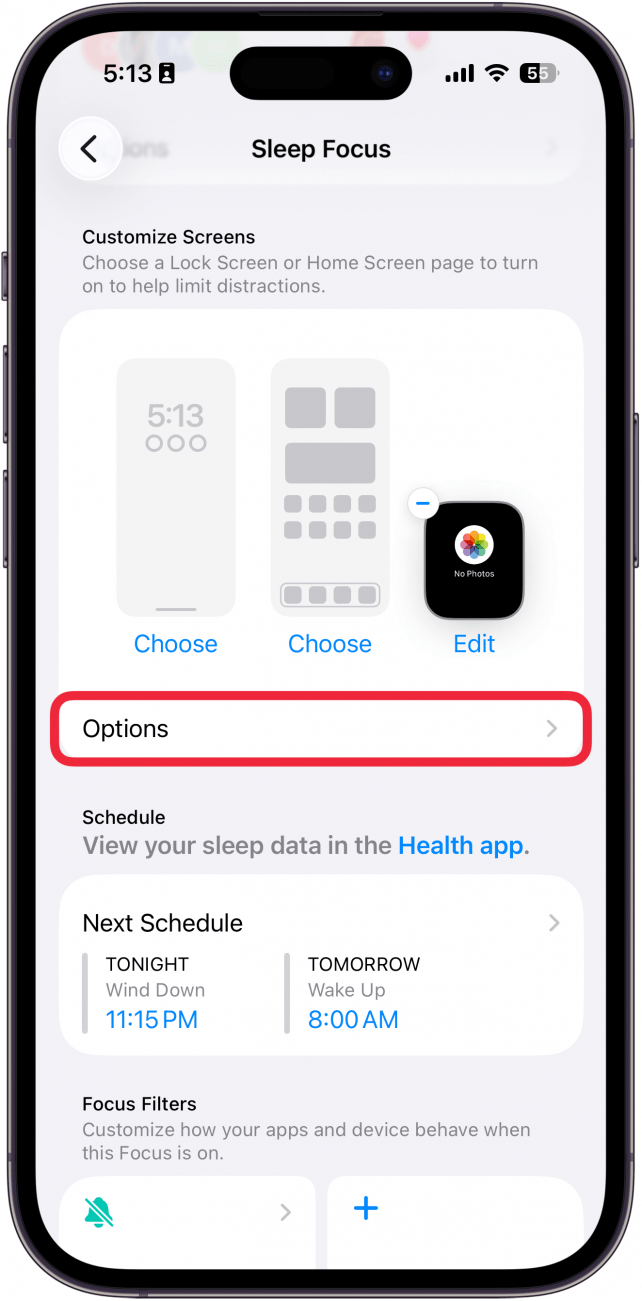 a screenshot of the iphone sleep focus settings with a red box around options