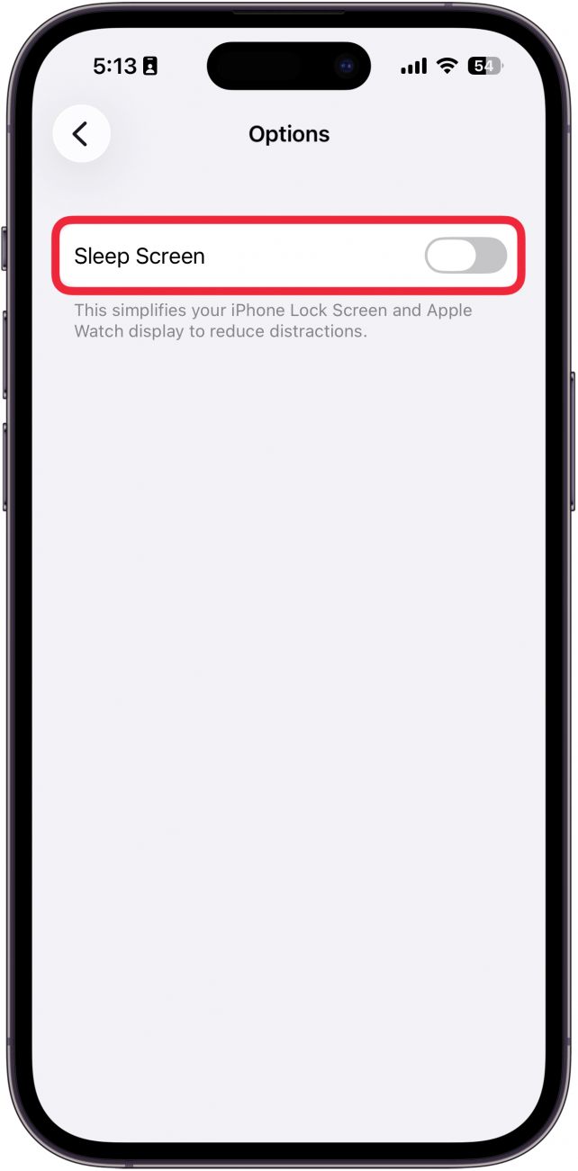 a screenshot of the iphone sleep focus options with a red box around the sleep screen toggle
