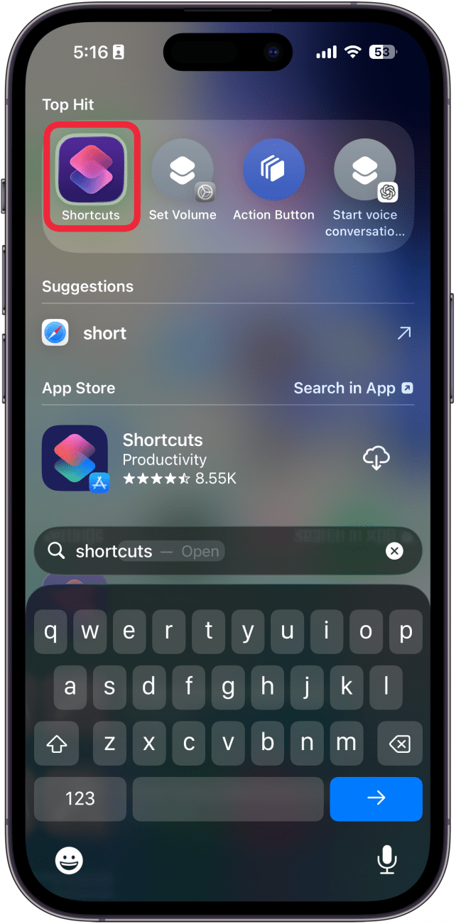 a screenshot of the iphone spotlight search results with a red box around the shortcuts app