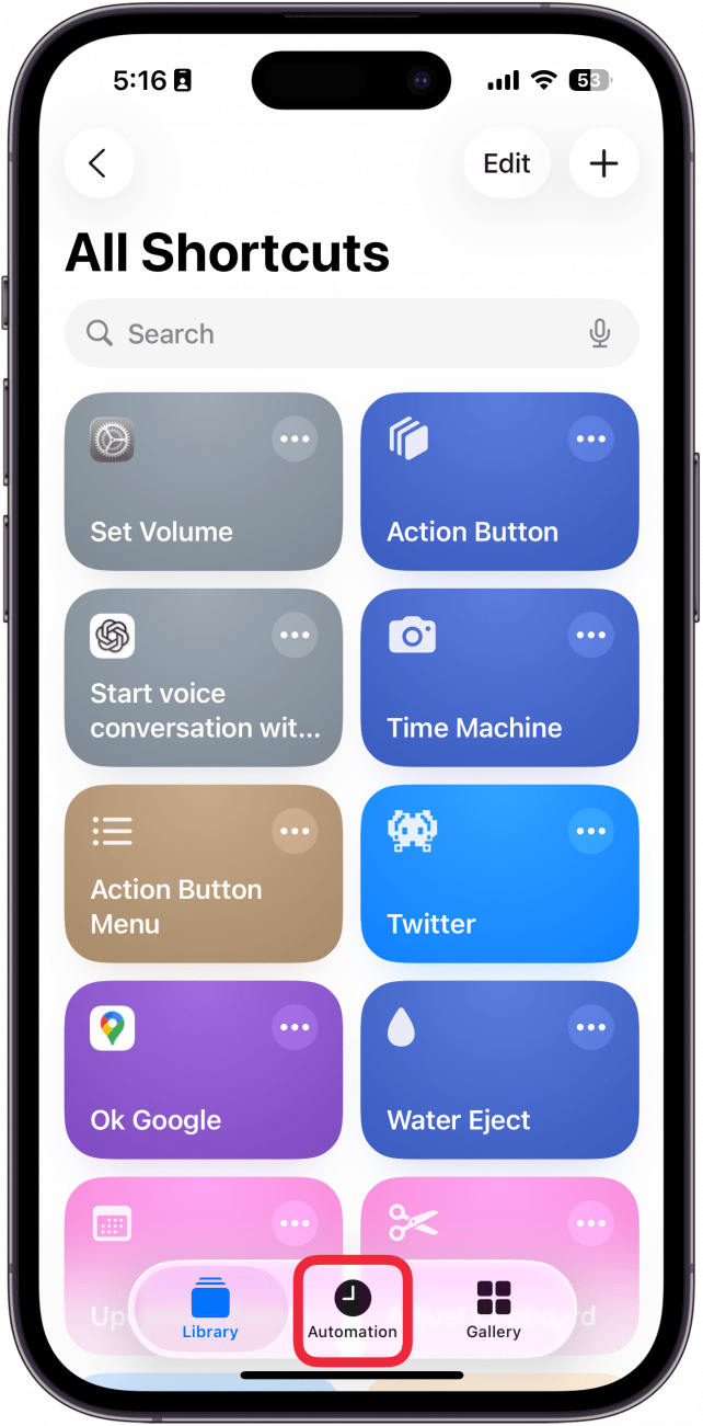 a screenshot of the iphone shortcuts app with a red box around the automation tab