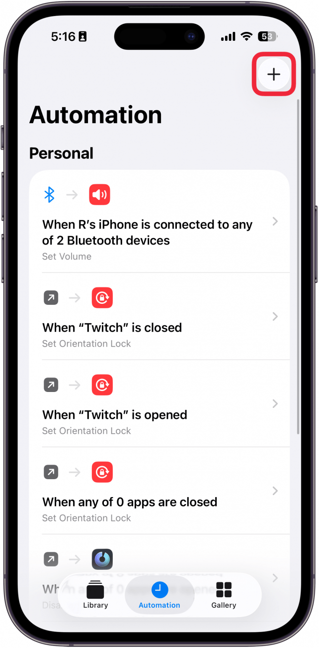 a screenshot of the automations tab in the iphone shortcuts app with a red box around the plus icon