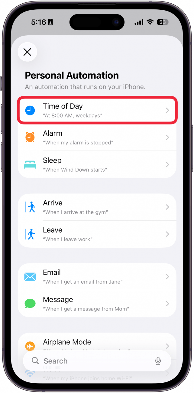 a screenshot of the new automation screen in the iphone shortcuts app with a red box around time of day