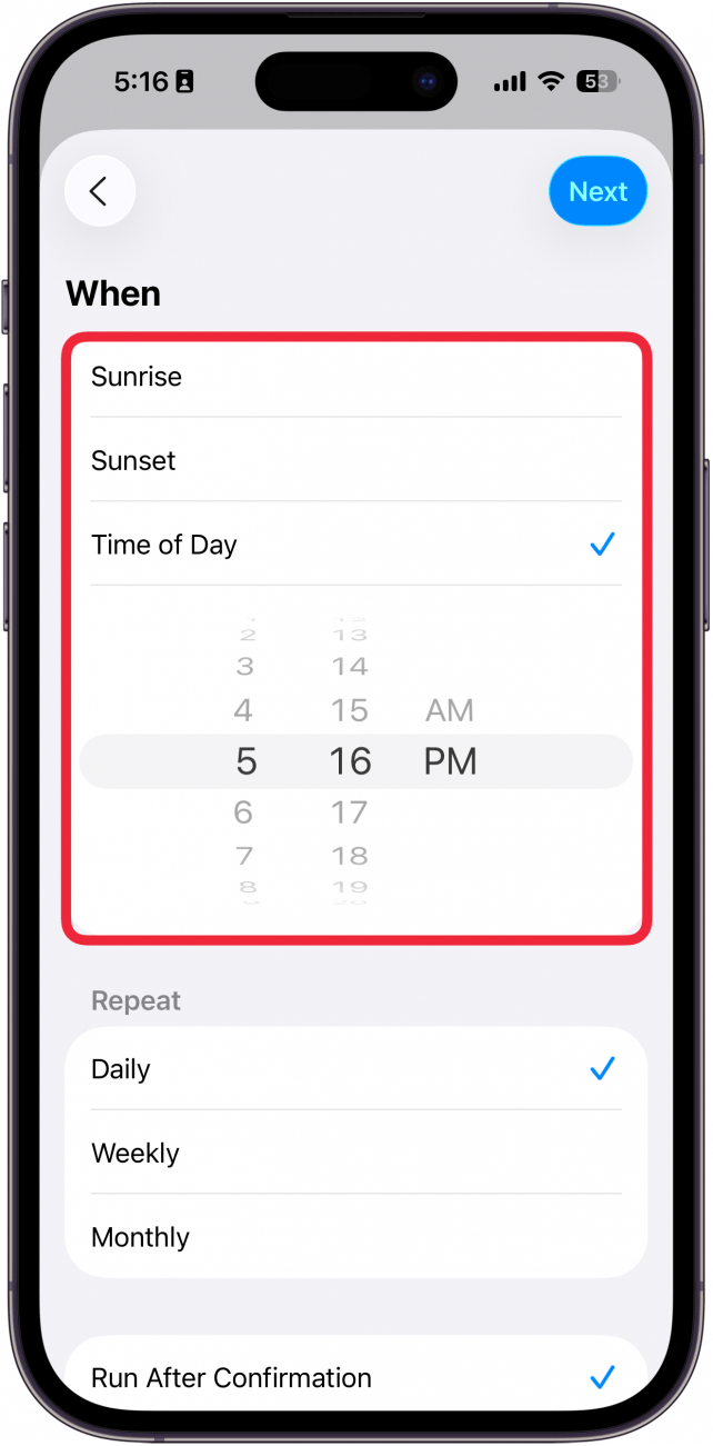 a screenshot of the new automation screen in the iphone shortcuts app with a red box around the "when" options