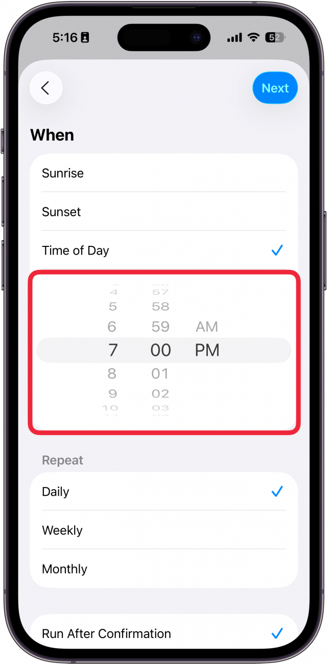 a screenshot of the new automation screen in the iphone shortcuts app with a red box around the time selection wheel