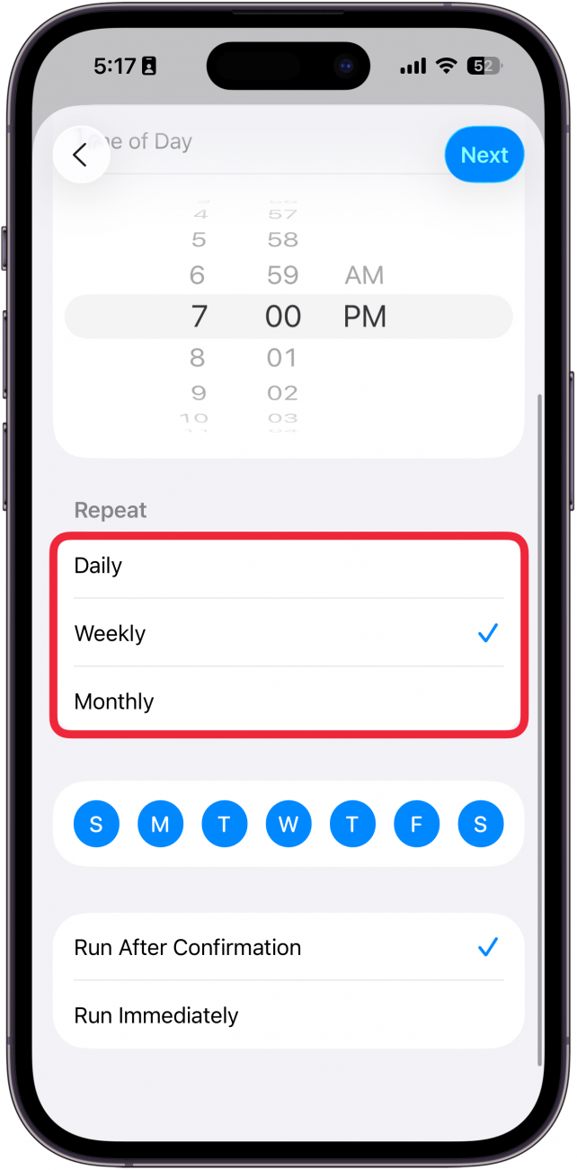 a screenshot of the new automation screen in the iphone shortcuts app with a red box around the repeat options