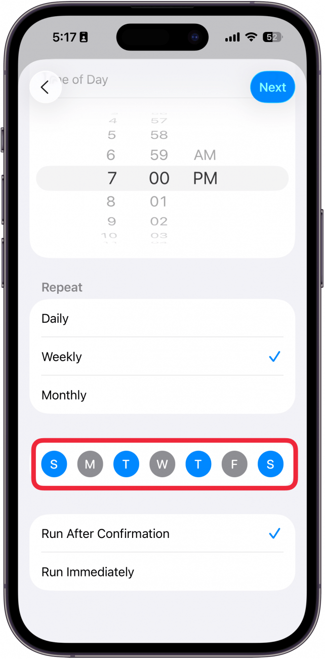 a screenshot of the new automation screen in the iphone shortcuts app with a red box around the days of the week selector
