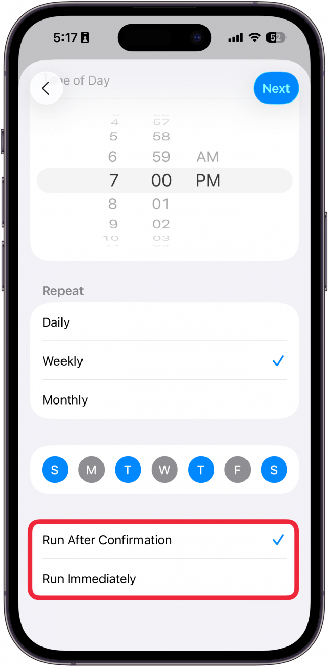 a screenshot of the new automation screen in the iphone shortcuts app with a red box around the run after confirmation or run immediately options