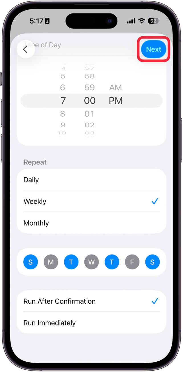 a screenshot of the new automation screen in the iphone shortcuts app with a red box around the next button
