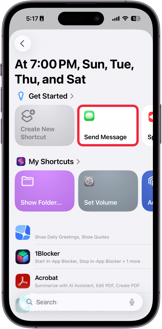 a screenshot of the new automation screen in the iphone shortcuts app with a red box around the send message option
