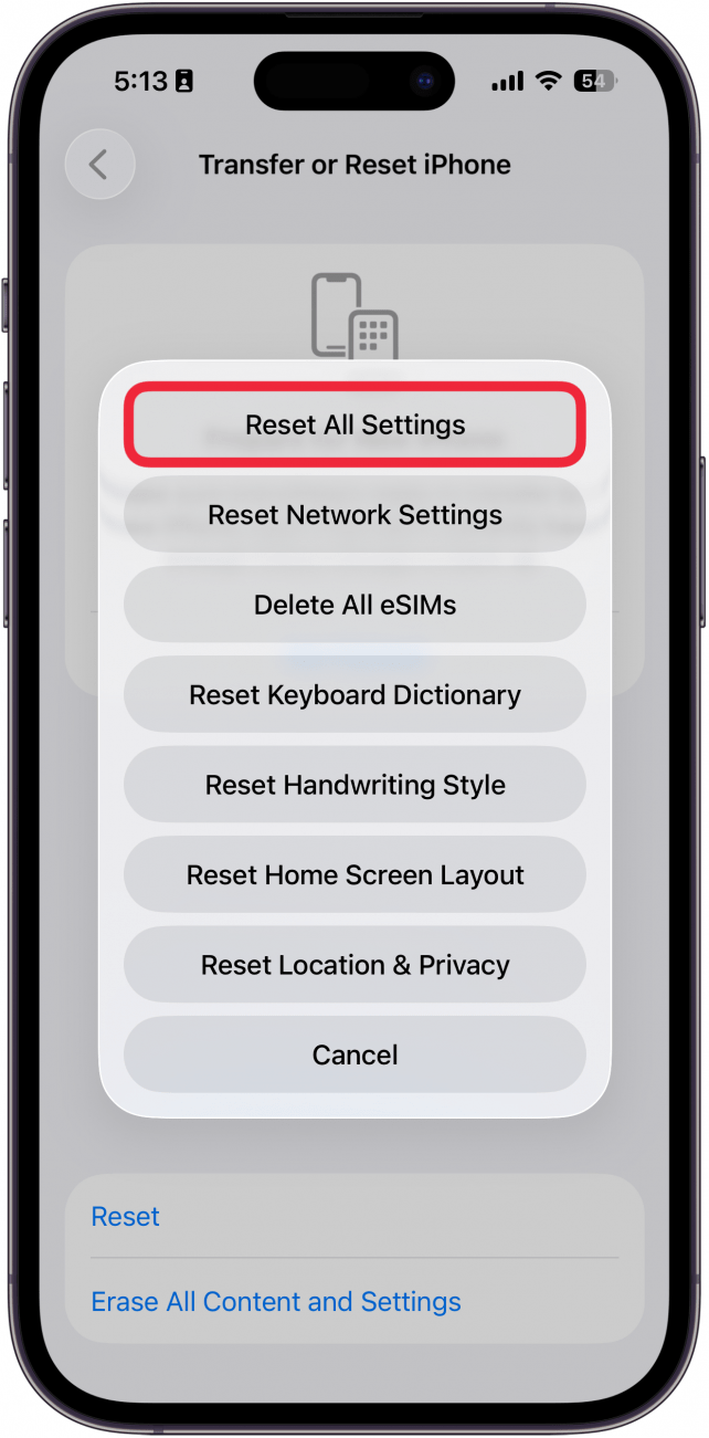 a screenshot of the iphone reset screen with a red box around the reset all settings option
