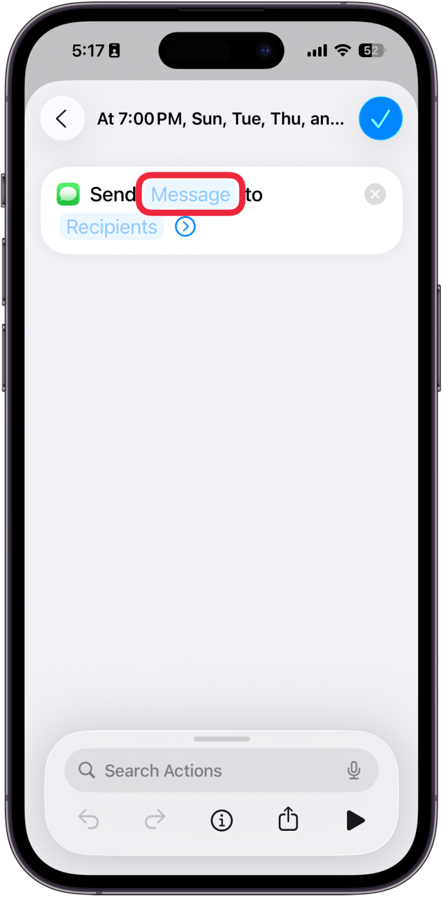 a screenshot of the send message automation screen in the iphone shortcuts app with a red box around the message field