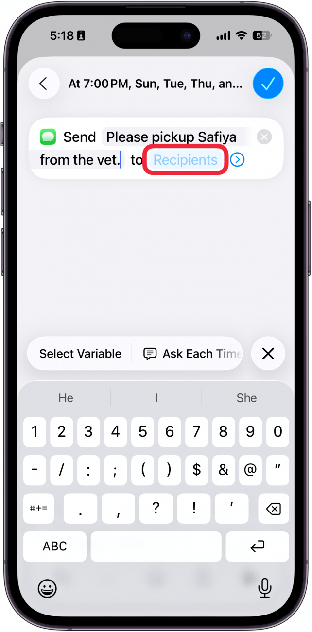 a screenshot of the send message automation screen in the iphone shortcuts app with a red box around the recipient field