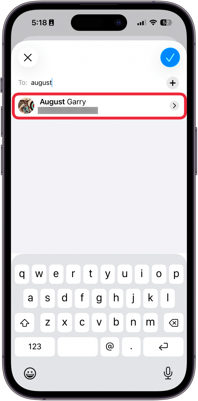 a screenshot of the send message recipient selection screen in the iphone shortcuts app with a red box around a contact
