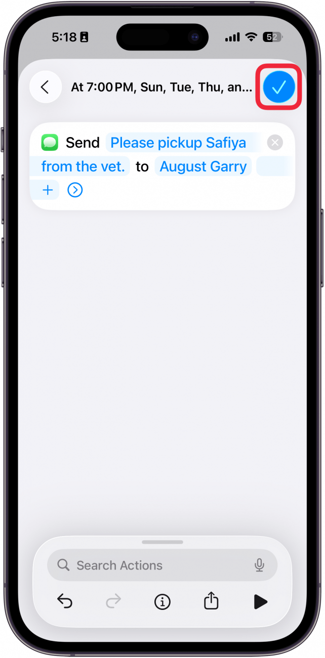 a screenshot of the send message automation screen in the iphone shortcuts app with a red box around the checkmark icon