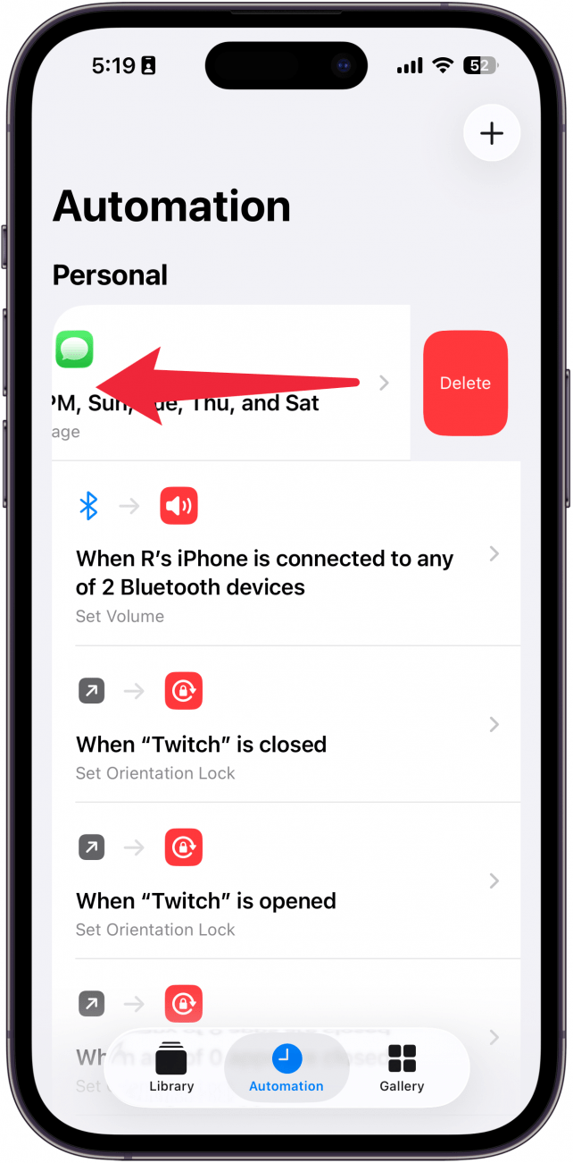 a screenshot of the automations tab in the iphone shortcuts app with a red arrow pointing left on an automation, indicating to swipe left