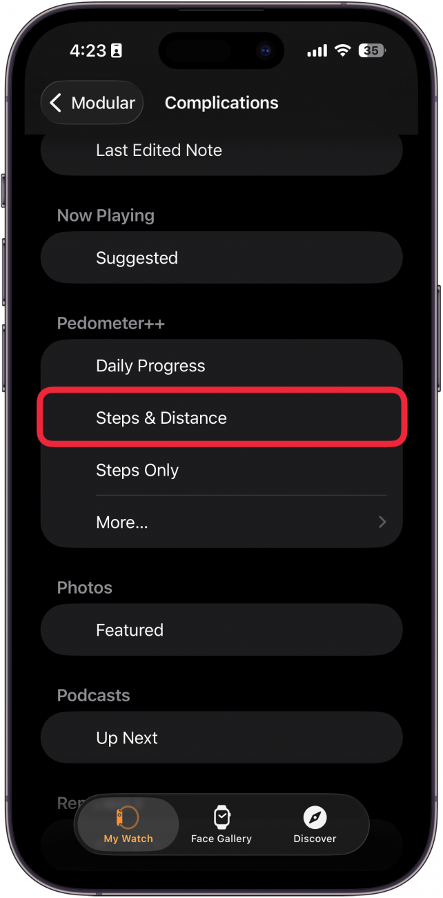 a screenshot of the apple watch app displaying a list of complications with a red box around the pedometer++ compliction