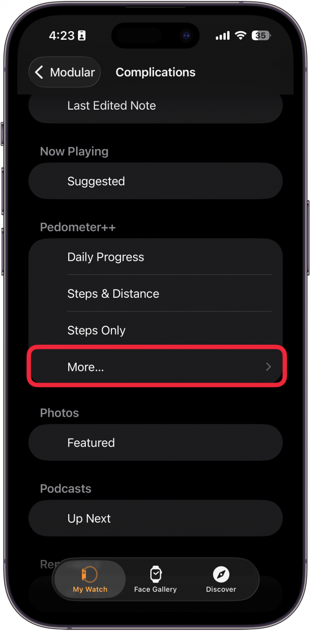 a screenshot of the apple watch app displaying a list of complications with a red box around the more option under pedometer++