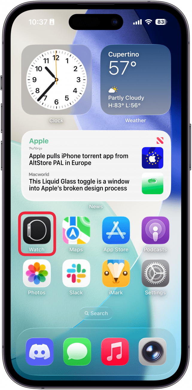 a screenshot of the iphone home screen with a red box around the watch app