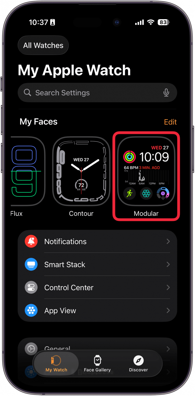 a screenshot of the apple watch app on iphone with a red box around a watch face