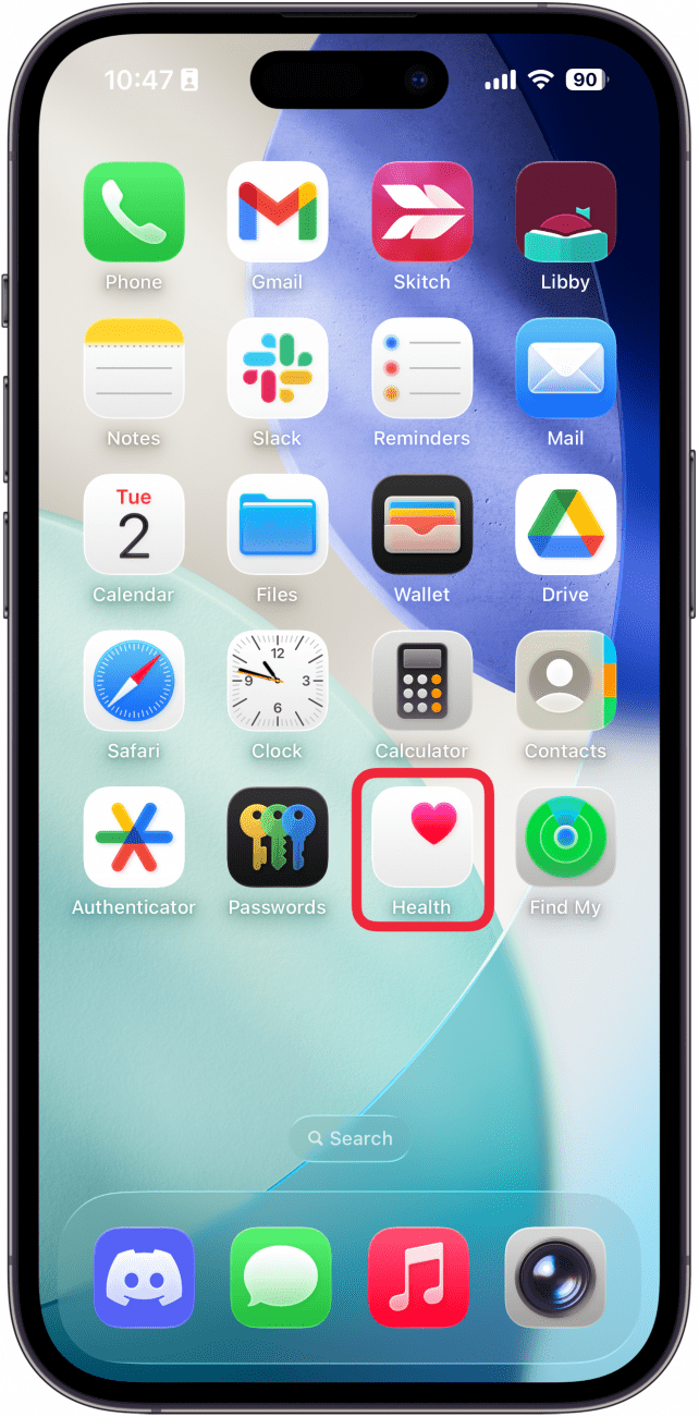 a screenshot of the iphone home screen with a red box around the health app