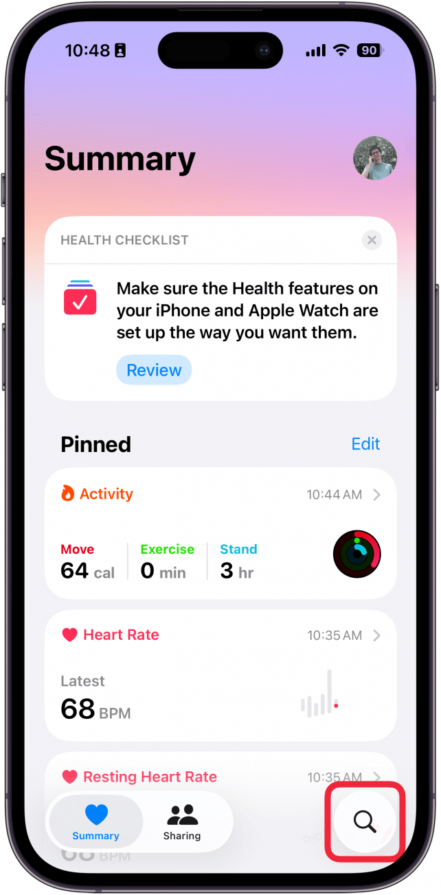 a screenshot of the health app on the iphone with a red box around the search button