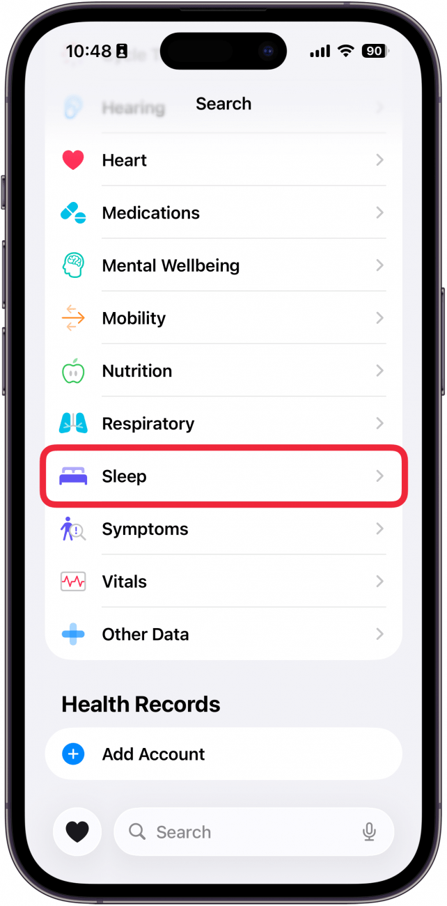 a screenshot of the health app on the iphone with a red box around the sleep category