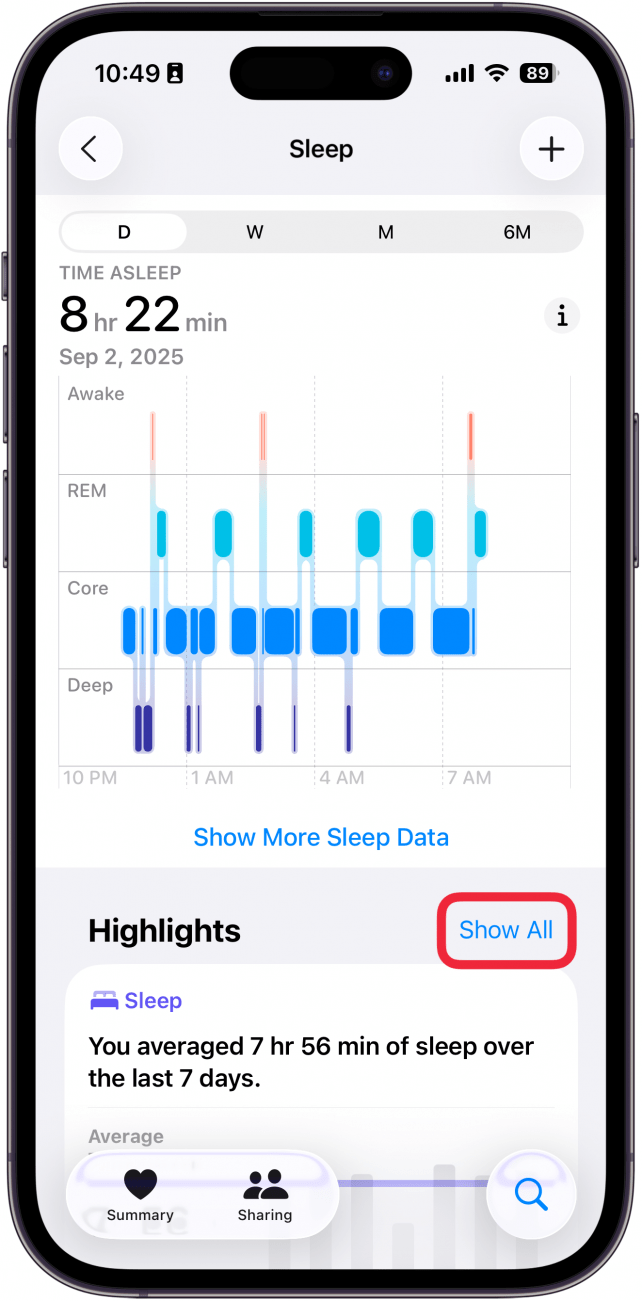 a screenshot of sleep data in the health app on iphone with a red box around the show all button