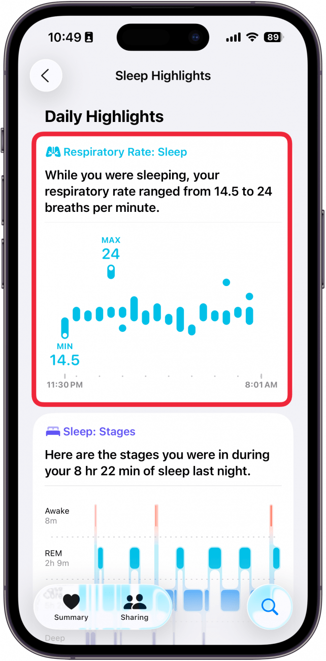 a screenshot of sleep data in the health app with a red box around the respiratory rate