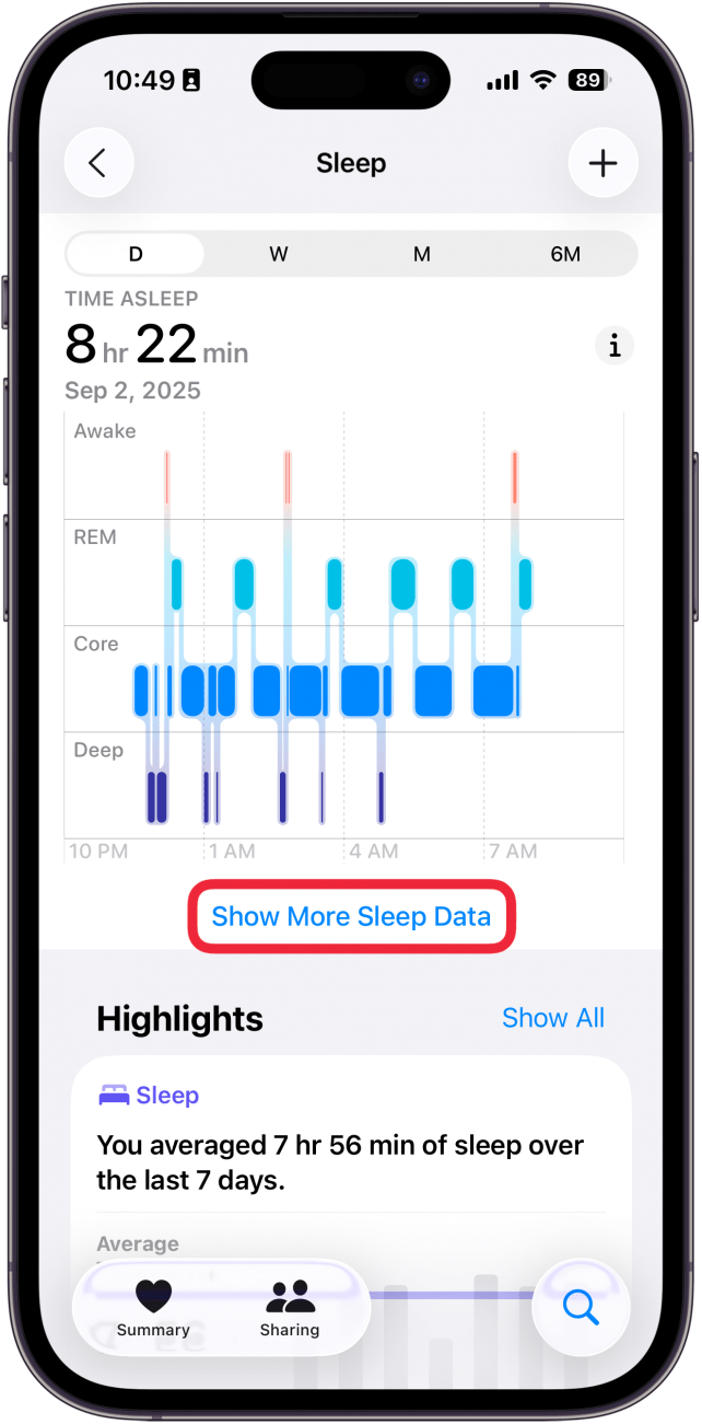 a screenshot of sleep data in the health app on iphone with a red box around the show more sleep data button