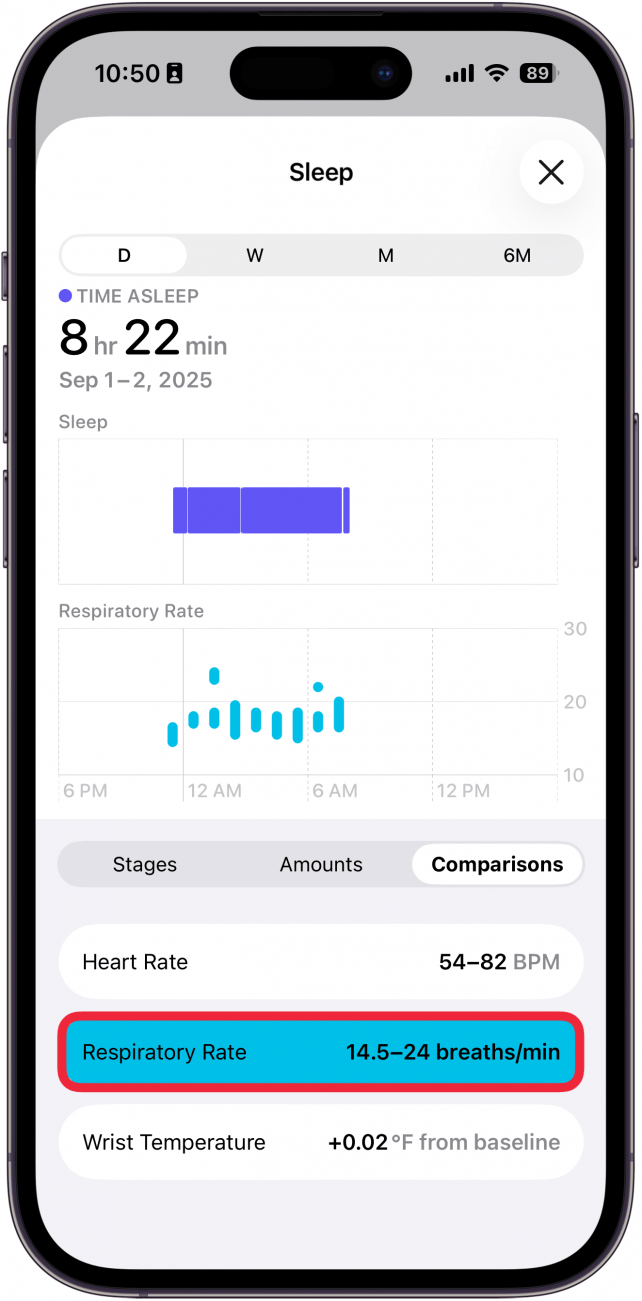a screenshot of sleep data in the health app on iphone with a red box the respiratory rate