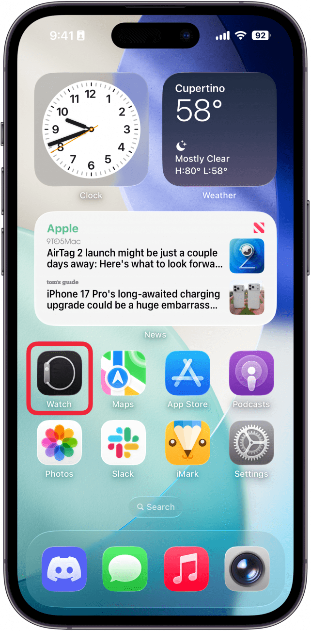 a screenshot of the iphone home screen with a red box around the watch app
