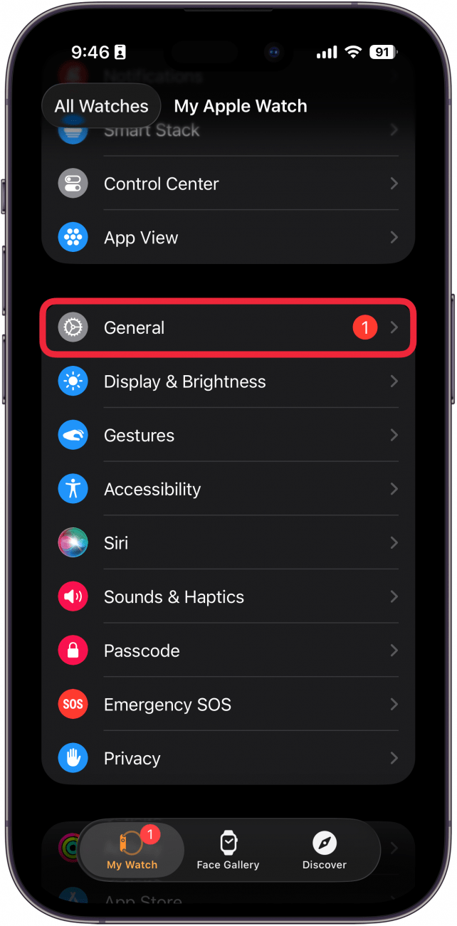 a screenshot of the apple watch app on the iphone with a red box around general