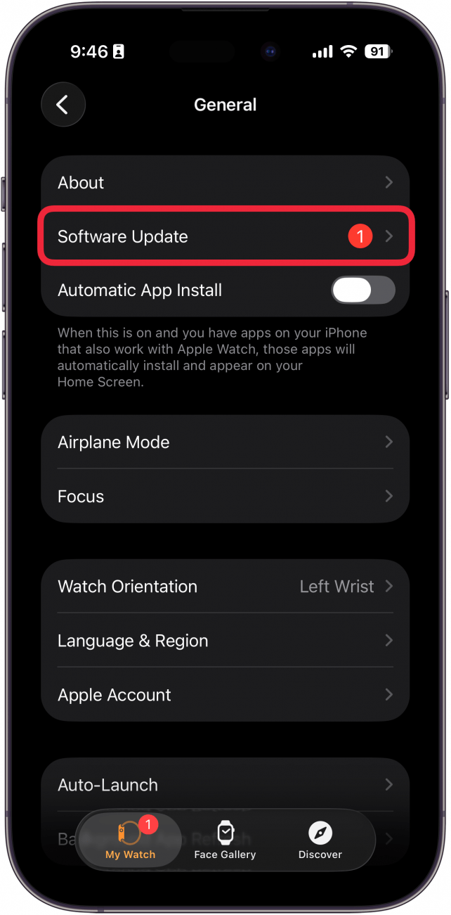 a screenshot of general settings in the apple watch app on iphone with a red box around software update