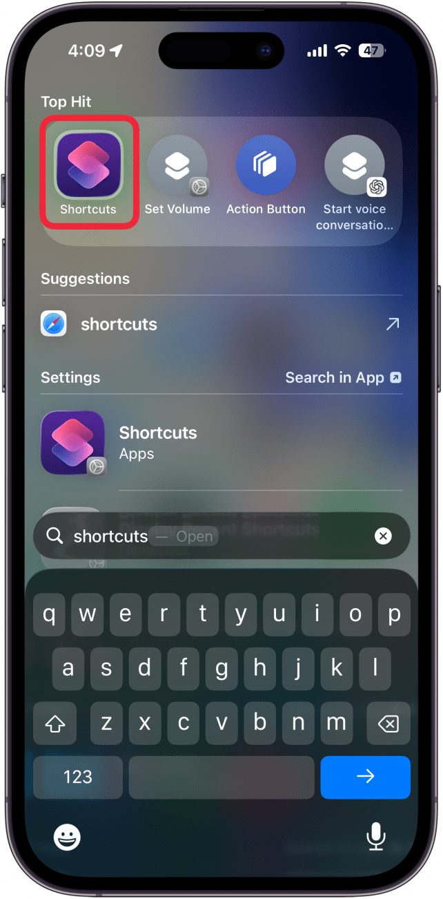 a screenshot of spotlight search on iphone with a red box around the shortcuts