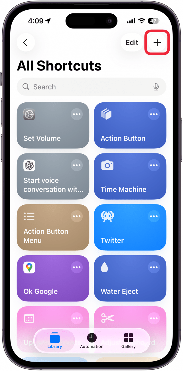 a screenshot of the shortcuts app on iphone with a red box around the plus icon