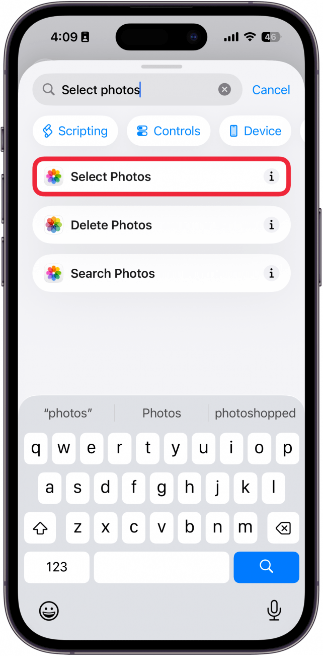 a screenshot of the shortcuts creation screen with a red box around the select photos action