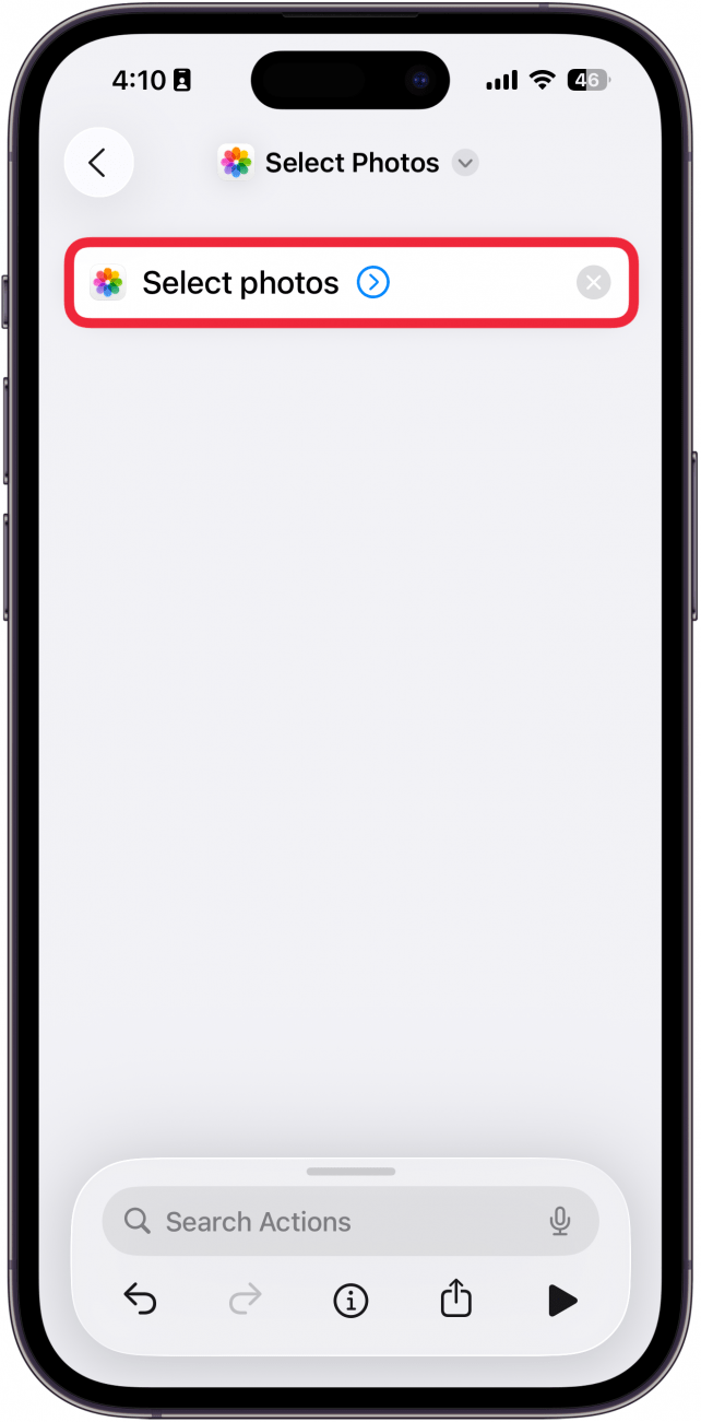 a screenshot of the shortcuts creation screen with a red box around the select photos action