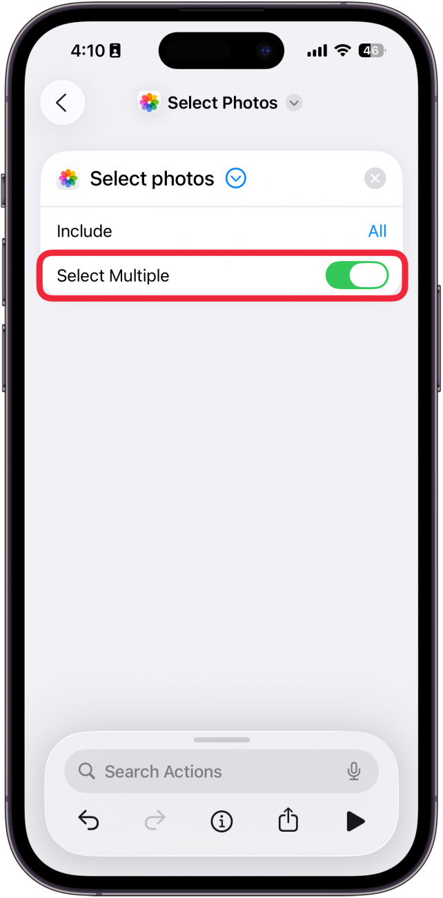a screenshot of the shortcuts creation screen with a red box around the select multiple toggle