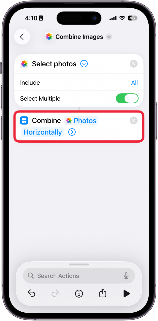 a screenshot of the shortcuts creation screen with a red box around the combine photos horizontally