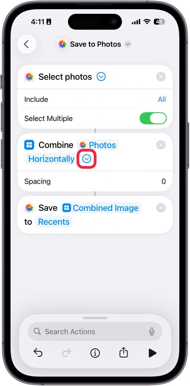 a screenshot of the shortcuts creation screen with a red box around a downward pointing blue arrow next to the combine photos horizontally action