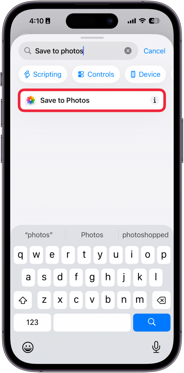a screenshot of the shortcuts creation screen with a red box around the save to photos action
