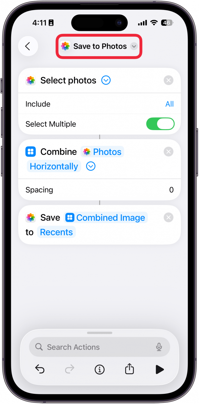 a screenshot of the shortcuts creation screen with a red box around the save to photos title at the top of the screen