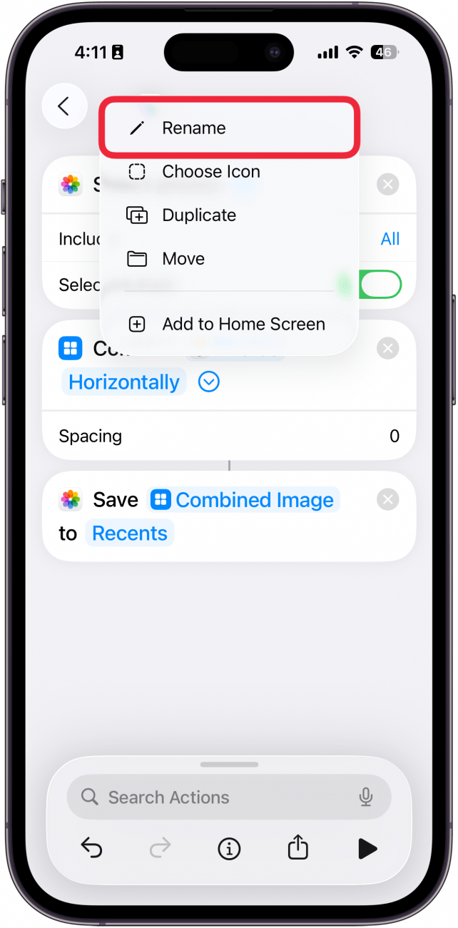 a screenshot of the shortcuts creation screen displaying a menu with a red box around rename