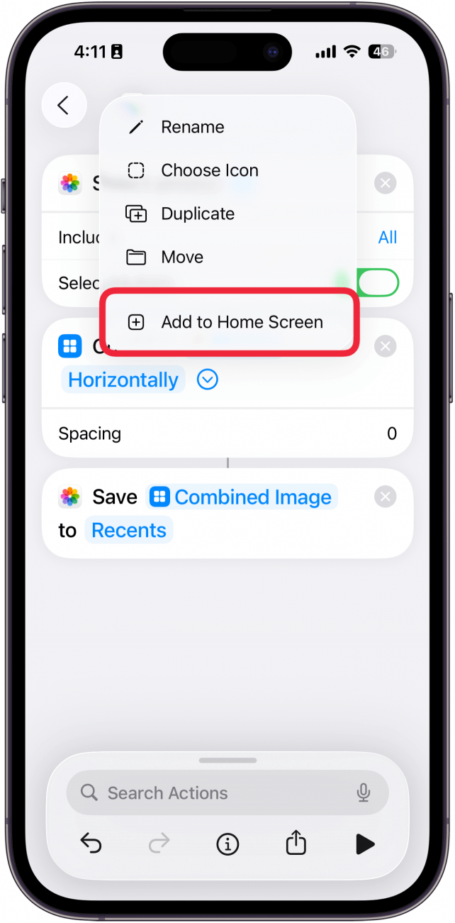a screenshot of the shortcuts creation screen displaying a menu with a red box around add to home screen