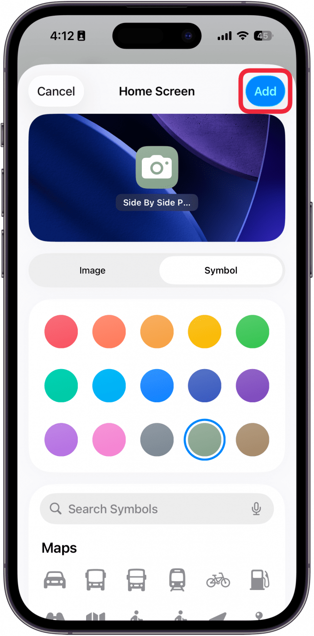 a screenshot of the shortcuts creation screen displaying the add to home screen menu with a red box around add