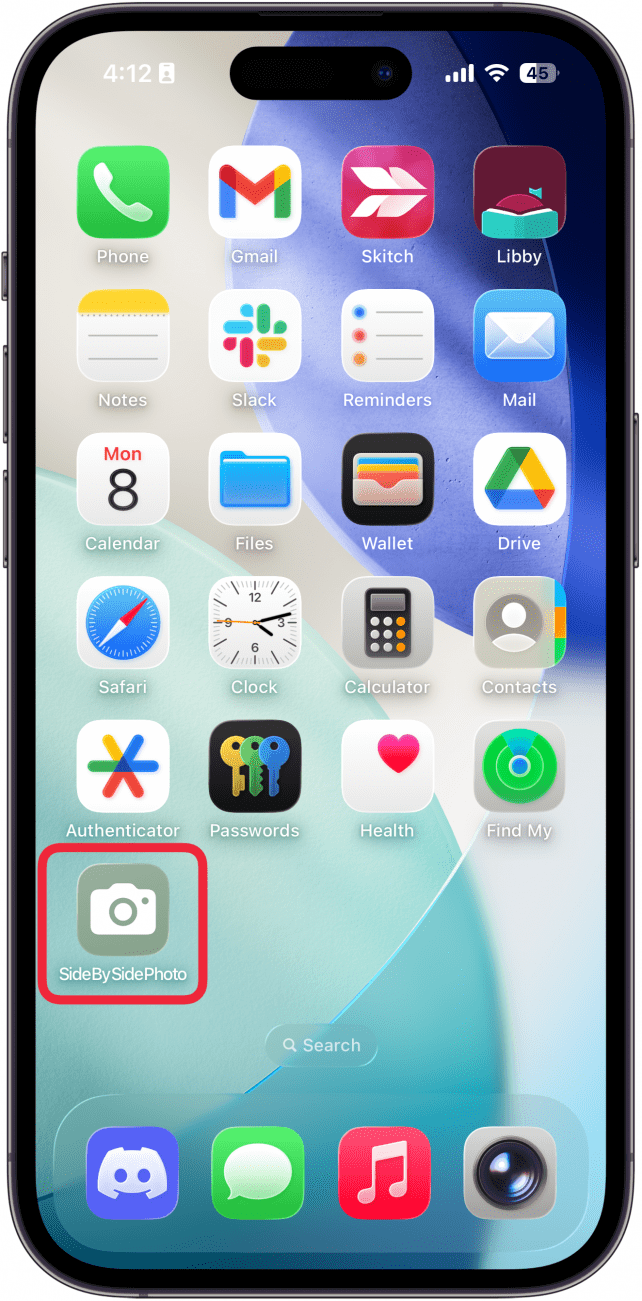 a screenshot of the iphone home screen with a red box around the side by side photo shortcut